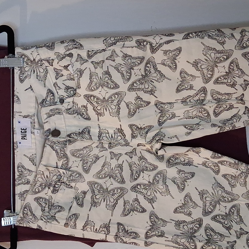 PAIGE Verdugo Ultra Skinny Mid Rise Off-White Cotton Jeans Butterfly Print Sz 27